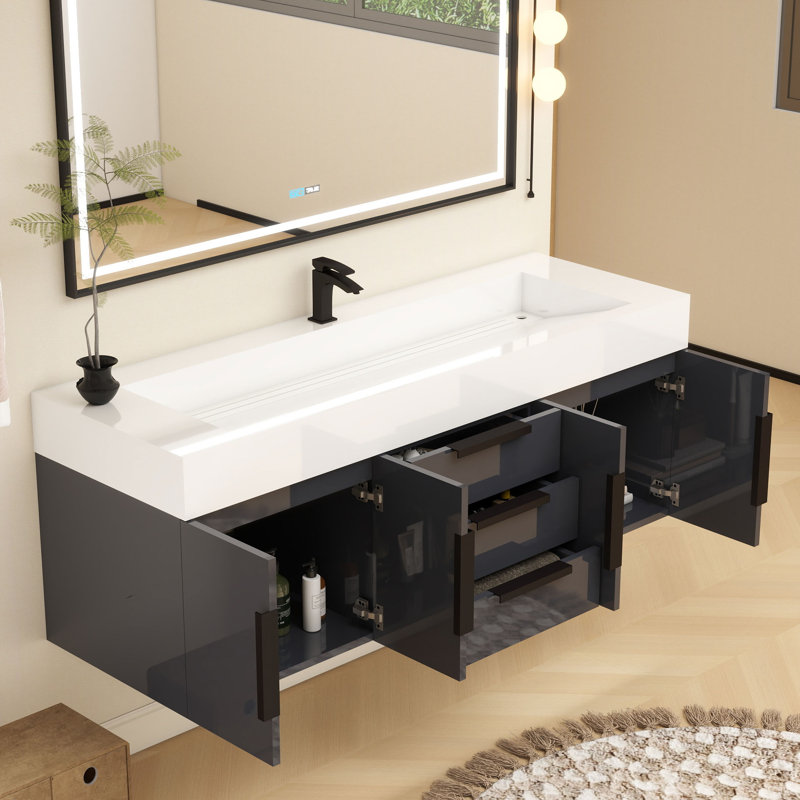 Jessica 60'' Wall-Mounted Single Bathroom Vanity, Gloss Gray