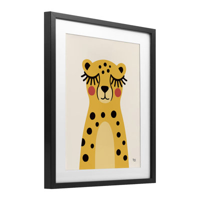 Yellow Cheetah Smile Framed Print Under Glass, design by Jessica Beck