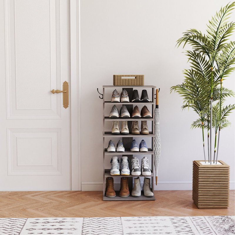 Tour à chaussures à 7 niveaux avec crochets, gris rustique, 12 à 14 paires de chaussures, peu encombrant, porte-chaussures à montage rapide et facile, crochets à clés,
