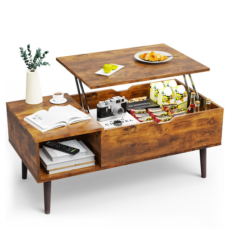 Table basse à plateau relevable, multifonction 4-en-1 et grande table basse avec rangement, Brun