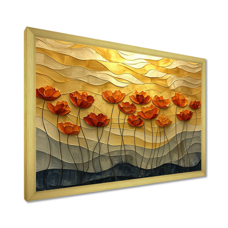 Coucher de soleil sur les vagues du champ de coquelicots I - coquelicots, art mural, H 12 po x l 20 po, Cadre flottant blanc
