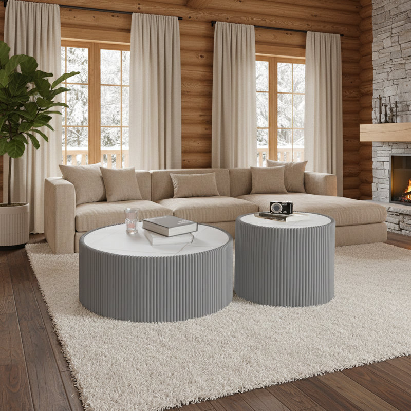  Table de bout moderne en forme de cylindre avec canapé en cuir pour meubles de salon, Gris