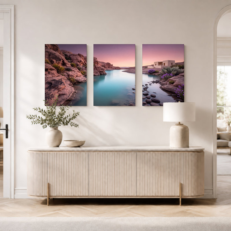 «Red Rock Canyon River» avec art mural sur toile, maison blanche et fleurs mauves au coucher du soleil
