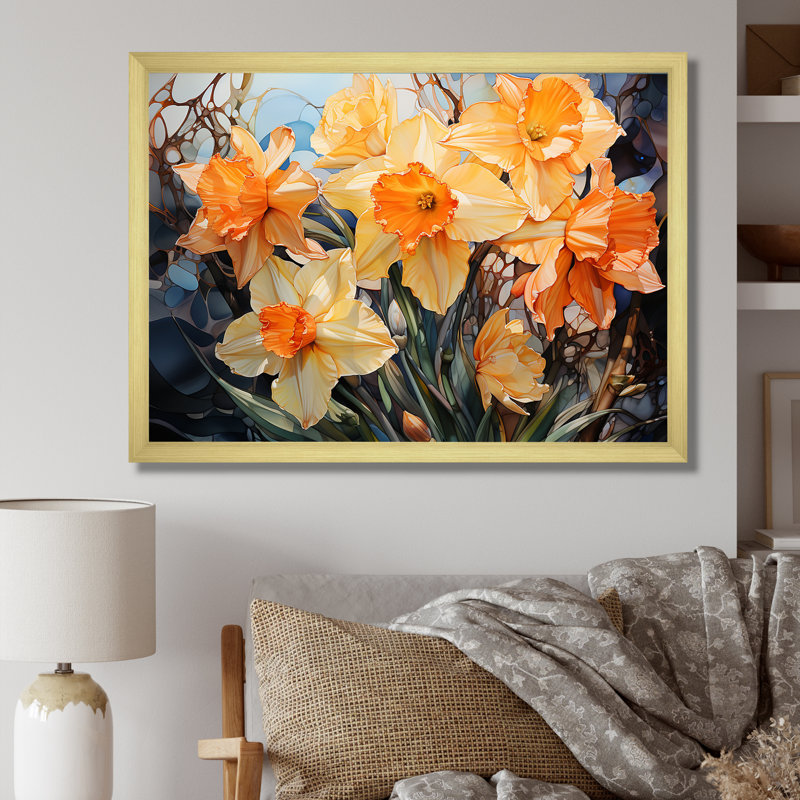 " Orange Daffodils Efflorescence ", 30" H x 40" W x 1.5" D, Gold Single Picture Framed