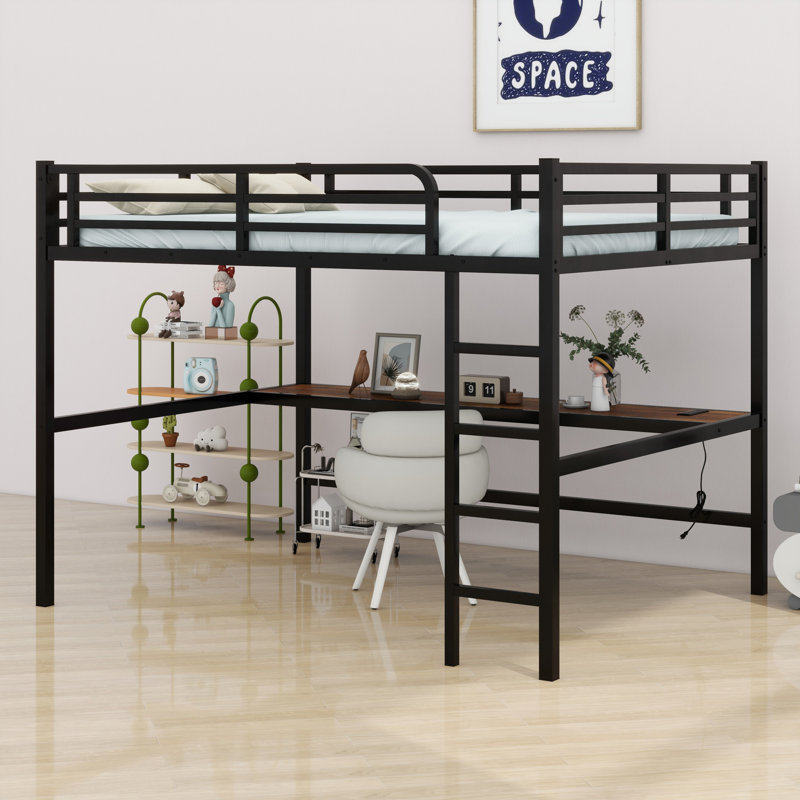 Metal Loft Bed With Power Outlet And LED Lighted, Black