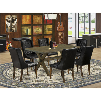 7 Piece Dining Room Furniture Set Consist of a Rectangle Dining Table with X-Legs and 6 Black Faux Leather Upholstered Chairs, Distressed Jacobean