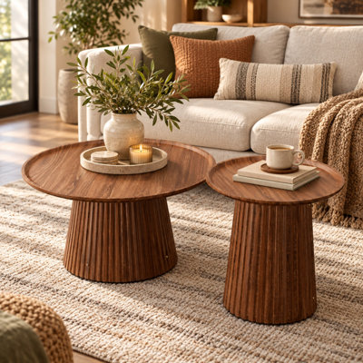 Set of 2 Round Living Room Table Set with Coffee Table and Side Table