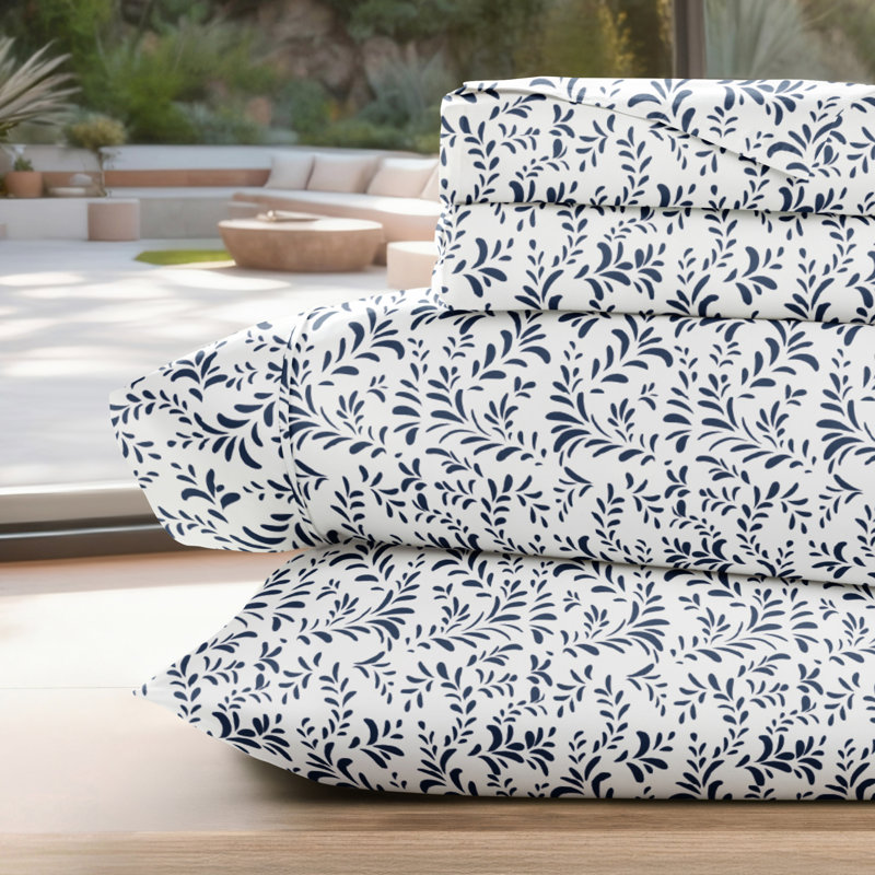 Ensemble de draps en microfibre à motif Simply Soft™, Très grand, Éclat de vignes bleu marine
