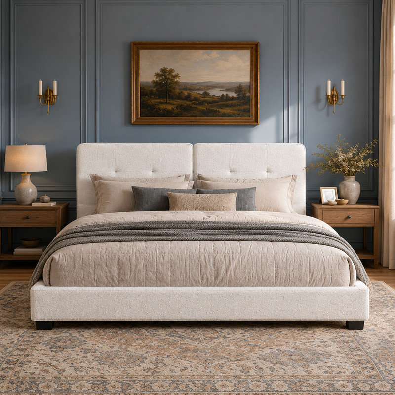 Lit plateforme tapissier avec tête de lit capitonnée et support en lattes de bois, Beige