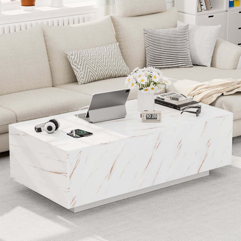 Lift Top High-Gloss Coffee Table With Sliding Drawer And Hidden Storage, 16-Color LED Lights, Wireless Charging & Integrated Speaker