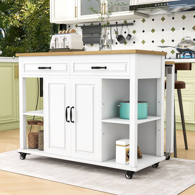 Extendable Kitchen Island with 2 Drawers, Storage Cabient and Built-In Power Outlet, White