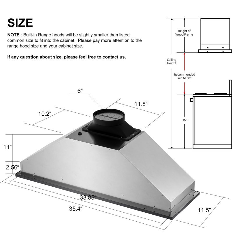 Hotte de cuisine encastrable convertible de 91 cm (36 po) et 900 pi³/min (25,4 m³/min) avec commandes vocales, gestuelles et tactiles, 4 vitesses, filtre à chicane lavable au lave-vaisselle et filtre à charbon inclus pour une utilisation sans conduit.