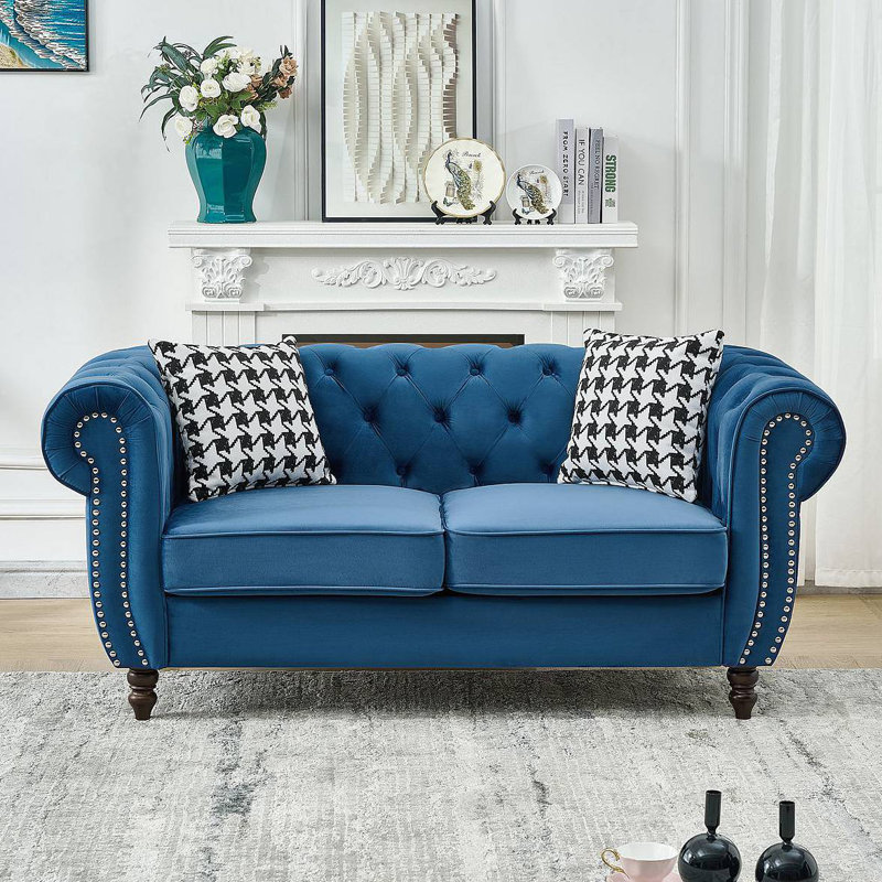 Canapé Chesterfield® en tissu d'ameublement en velours avec accoudoirs roulés et têtes de clou, canapé rembourré de style Mid-Century, canapé 2 places