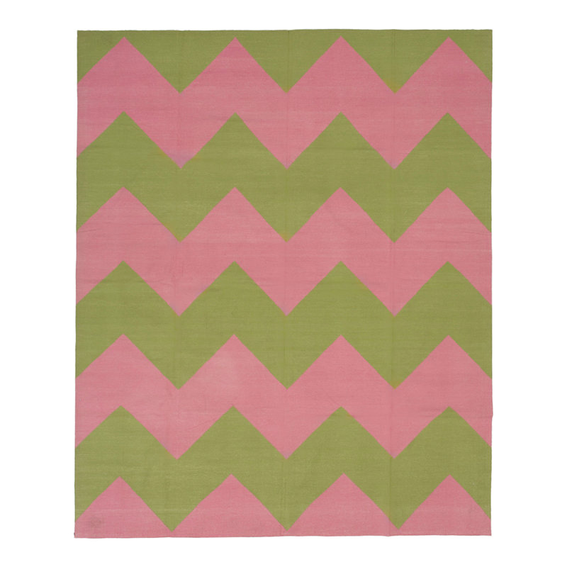 Pink & Green Chevron Dhurrie Cotton Rug - 7'10" x 9'10"