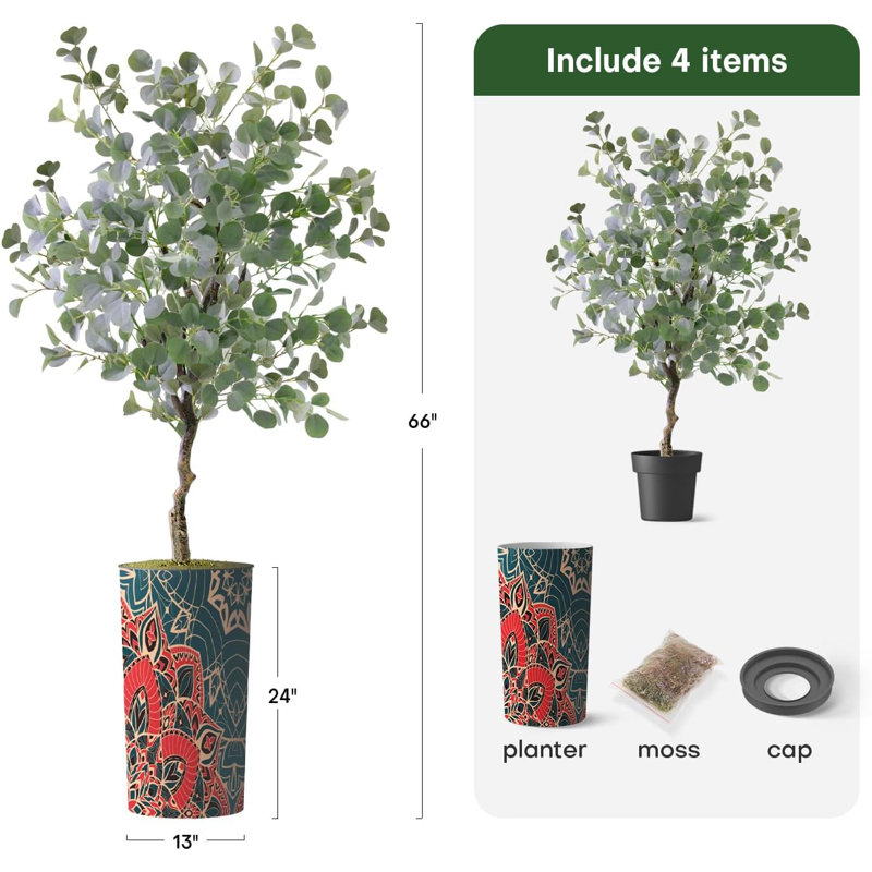 Arbre artificiel dans un pot de fleurs moderne, faux arbre en soie d'eucalyptus (décoration en pot et arbre), Mandala rouge