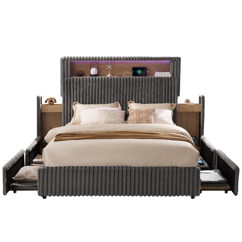 Smart Upholstered Bed Frame, Gray, King