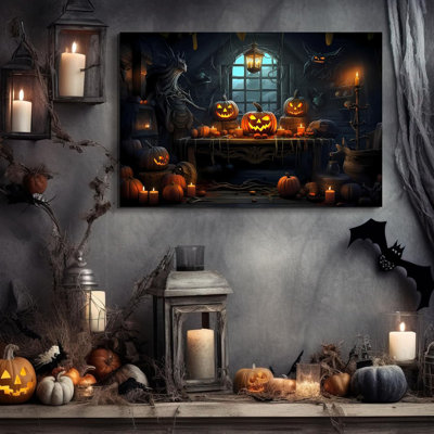 Halloween Wall Art Wall Decor For 24 X 16 Inch, Pumpkin Window Bulb Picture, Haunted Mansion Dccorations, Print On Canvas For Living Room Bedroom Party Outdoor