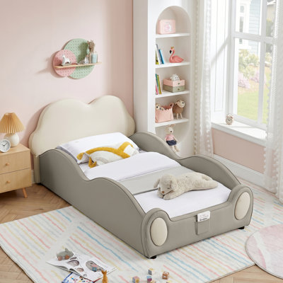 Twin Size Cute Cloud Shape PU Leather Kids Bed with Guardrails, Safety Toddler Bed with Cartoon Beige&Grey Design and Storage Pocket