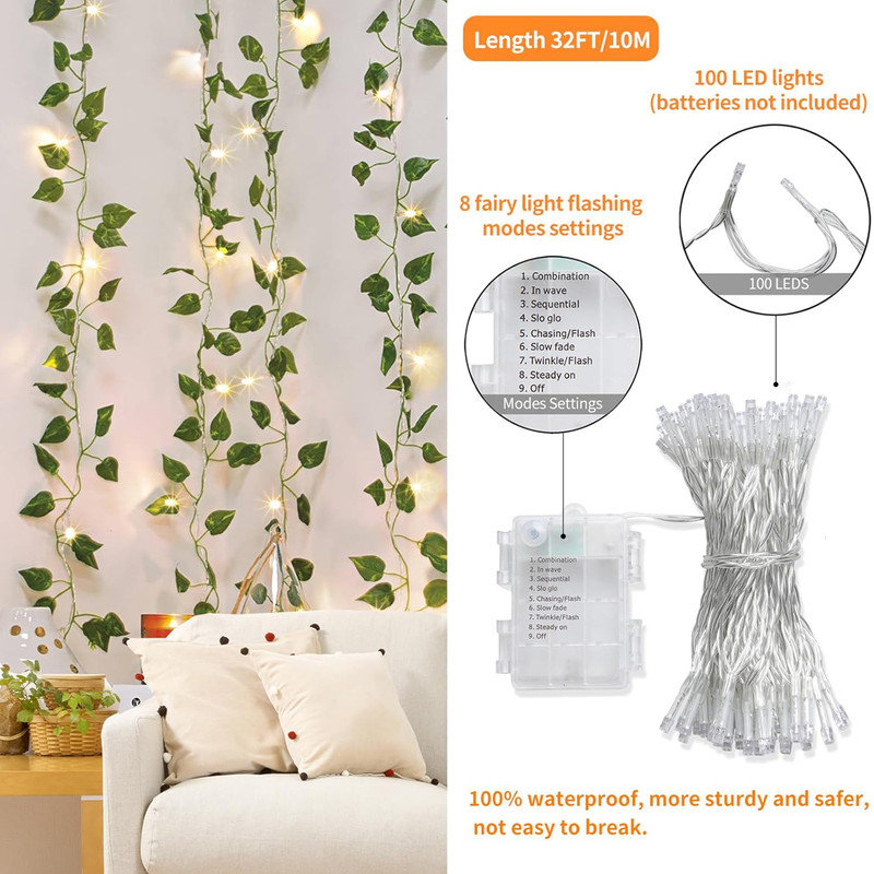 14 Pack 98ft Fake Ivy Vines, Artificial Ivy Garland with 100 LED String Lights