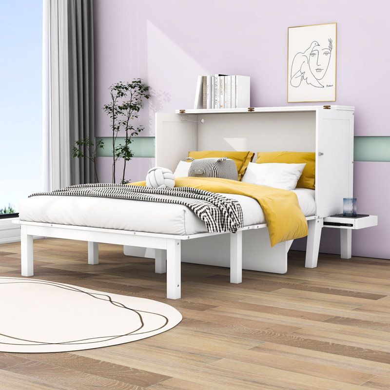 White Queen Murphy Bed Cabinet with Charging Station and Side Shelves, Space-Saving Wall Bed Frame, Queen, White