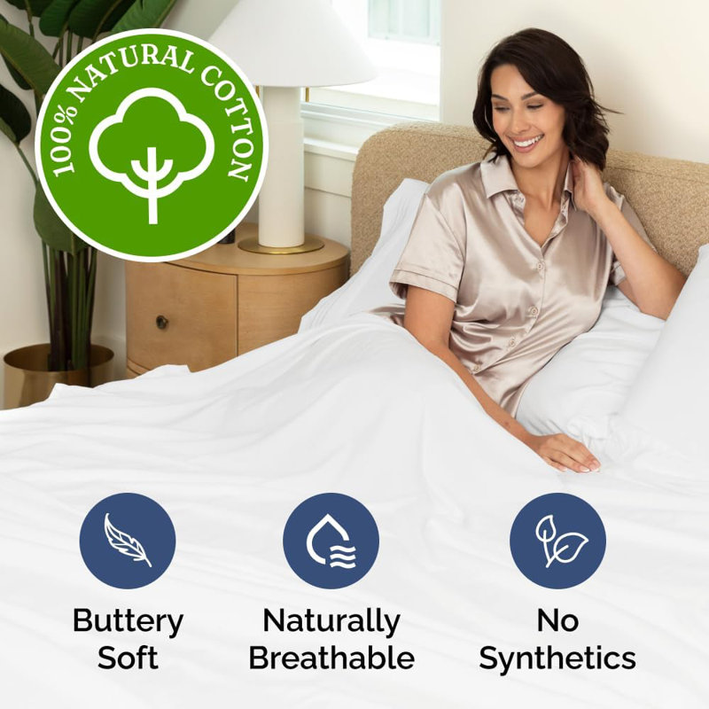 100% Cotton Sheet Set, 400 Thread Count Hotel Luxury Bedding, Soft & Breathable Bed Sheets, 4 Piece Set, White