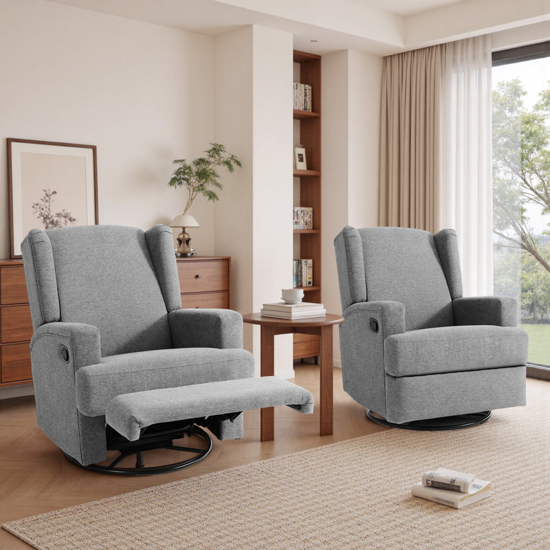 Upholstered Classic Wing Back Manual Handle Swivel Rock Glider Recliner Set of 2, Lilght Gray