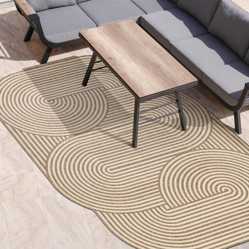 Margot Modern Geometric Arch Stripe Beige/Brown Indoor/Outdoor Rug, Novelty 7'9" x 10'