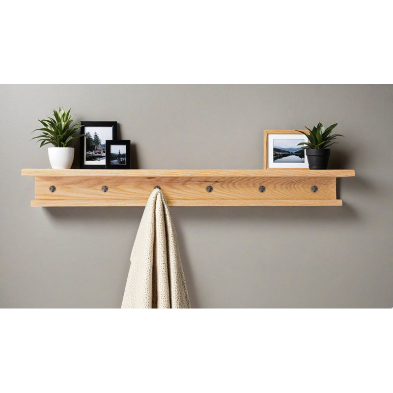 Rayne 3 Piece Oak Shelves With Hooks, 4.75" H x 72" W x 4" D