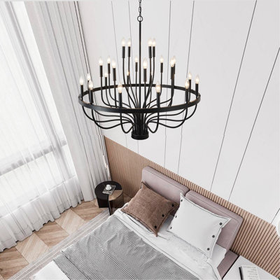 24-Light Black Chandelier Industrial Iron Candle Chandelier Modern Suspended Farmhouse Chandeliers Pendant Light