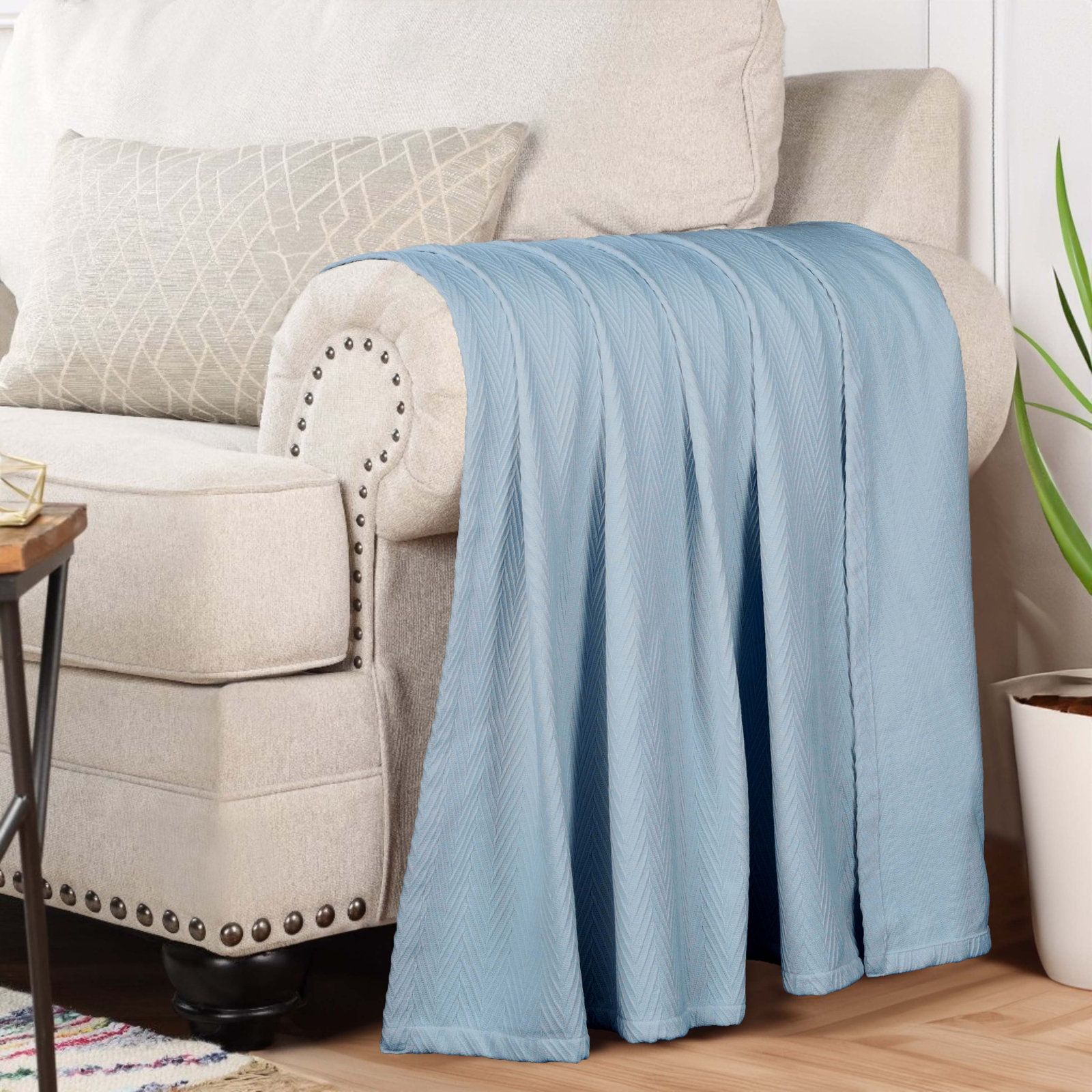 Jareth Woven Metro Zig-Zag All-Season Cotton Blanket, Full/Queen, Light Blue