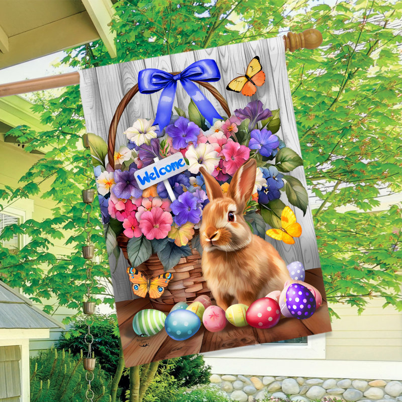 Drapeau «Welcome Bunny And Basket House», Lapin violet/brun/gris