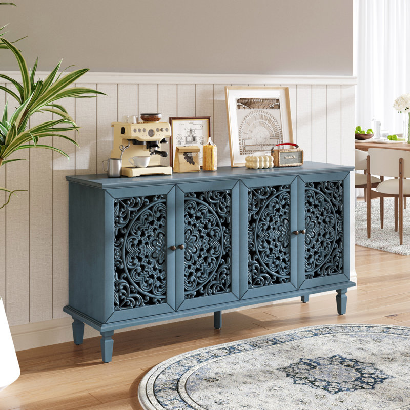60" Antique Buffet Cabinet With Floral Carvings With Solid Wood Legs&Antique Brass Handles&Adjustable Shelves, TV Stand For 65''+ TV, Sideboard For Living Room,Dining Room 