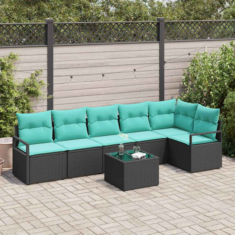 vidaXL Sofa Set 7 pcs Black Poly Rattan, Blue Cushion/Black Frame