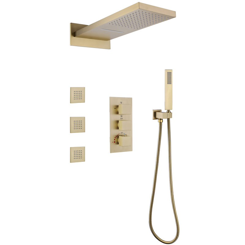 22.36*10.63" Thermostatic Shower System, Wall Mounted 4 Function Luxury Rainfall & Waterfall Shower Head with Handheld Spray and 3 Body Jets with Rough-in Valve