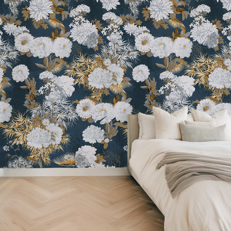 Luxury Floral Japandi Wallpaper,  Blue/Gold