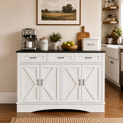Farmhouse Sideboard Buffet Cabinet, 55" Credenza Storage Cabinet with 3 Drawers & 4 Barn Doors, Buffet Server Table with Adjustable Shelves for Dining