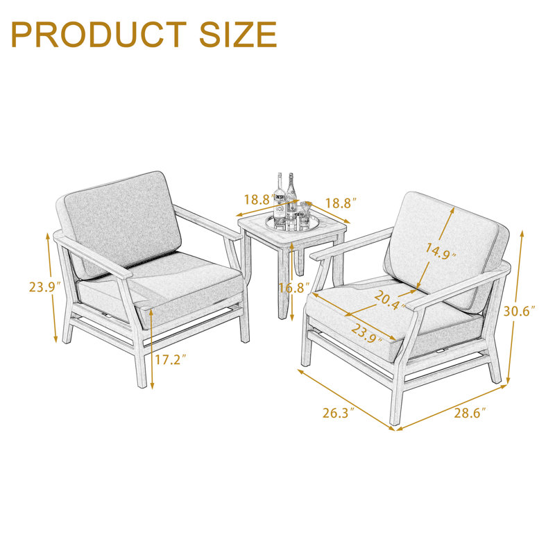 Polett Teak Outdoor Two-person Patio Set With Cushions And Side Table, 3 Pcs: 2 Chairs, Table, Light Camel, Brown