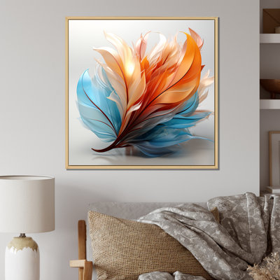 Fractal Boho Feather Amber Orange And Turquoise I - Feathers Wall Art for Living Room