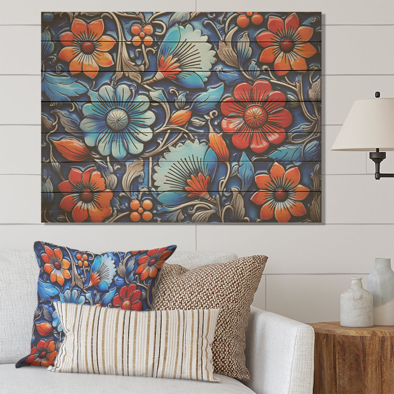 Floral bohème bleu et orange mosaïque II - mosaïque bohème sur bois, H 10 po x l 20 po