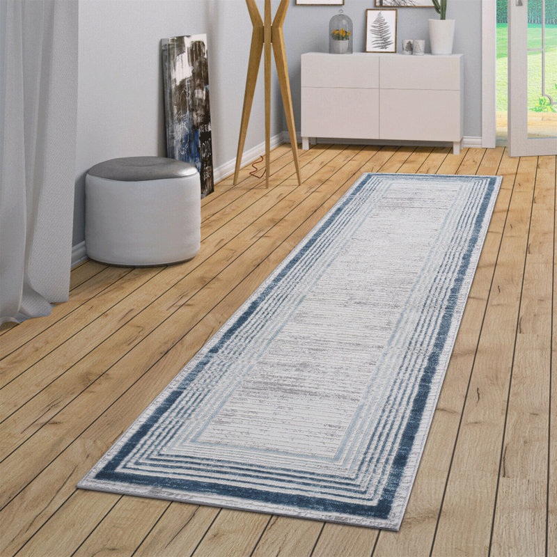Collection 2X8 Blue / Ivory / Bordered Runner Rug