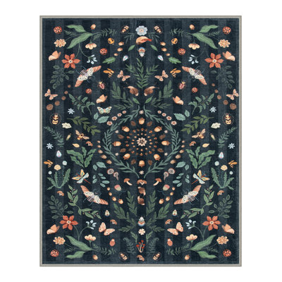 Insect and Plant Vertical Striped Textured Washable Area Rug - Nature-Inspired Carpet for Living Room, Bedroom, or Office