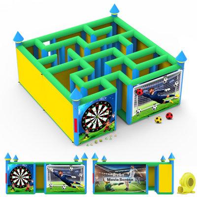 3-in-1 Inflatable Maze with Soccer Dart Board & Outdoor Movie Screen, 16.5 x 16.5 FT Backyard Party Entertainment Combo Set with 950W Blower (Green)