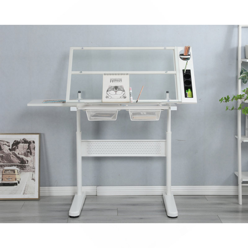 bureau à dessin à manivelle réglable avec 2 tiroirs en métal (blanc) AVEC TABOURET