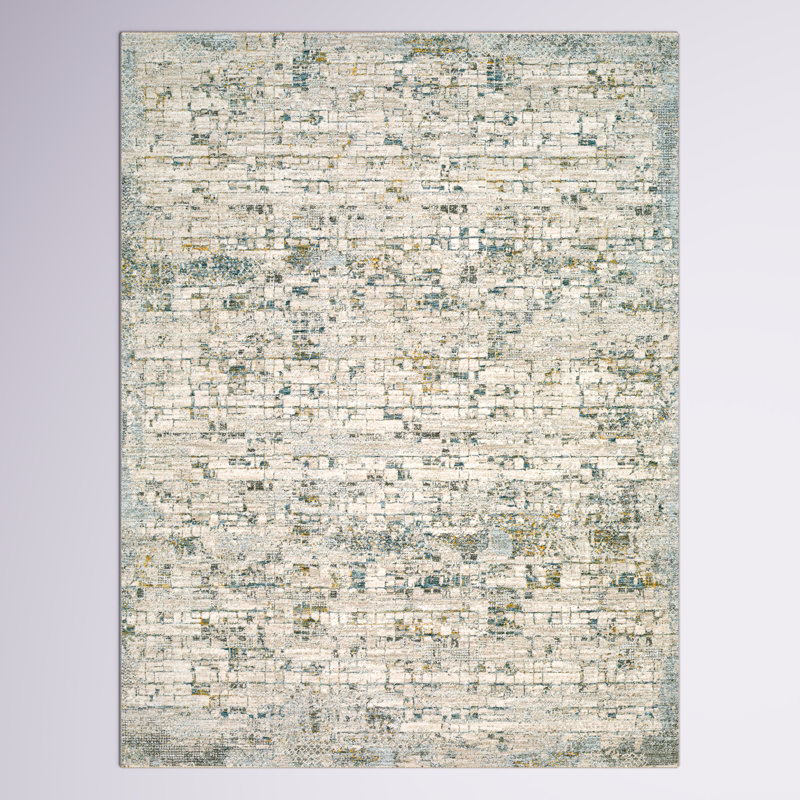 Tapis abstrait en polyester tissé à la machine abstrait bleu sarcelle / olive / beige, Rectangle 6 pi 7 po x 9 pi 6 po