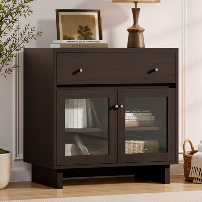 Buffet Almaguer de 80 cm de large avec tiroir, portes vitrées et tablette ajustable, noyer brun
