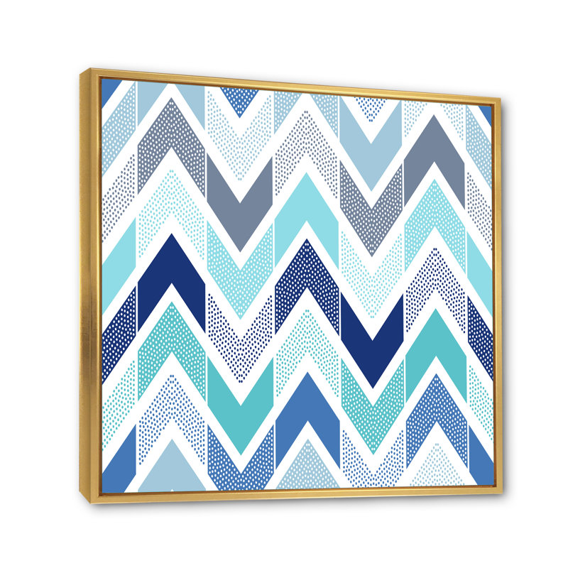 Rétro zigzag bleu clair - reproduction d'art sur toile à motifs, H 30 po x l 30 po x P 1 po, Cadre flottant doré