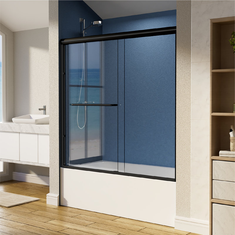 55'' - 59" W x 56'' H Double Sliding Semi-Frameless Tub Door With Clear Tempered Glass, Matte Black
