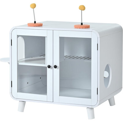 Cat Litter Box Enclosure with LED Light, Hidden Litter Box Furniture with Glass Doors, Indoor Cat House with Stairs & Toys, Wood Cat Washroom, White