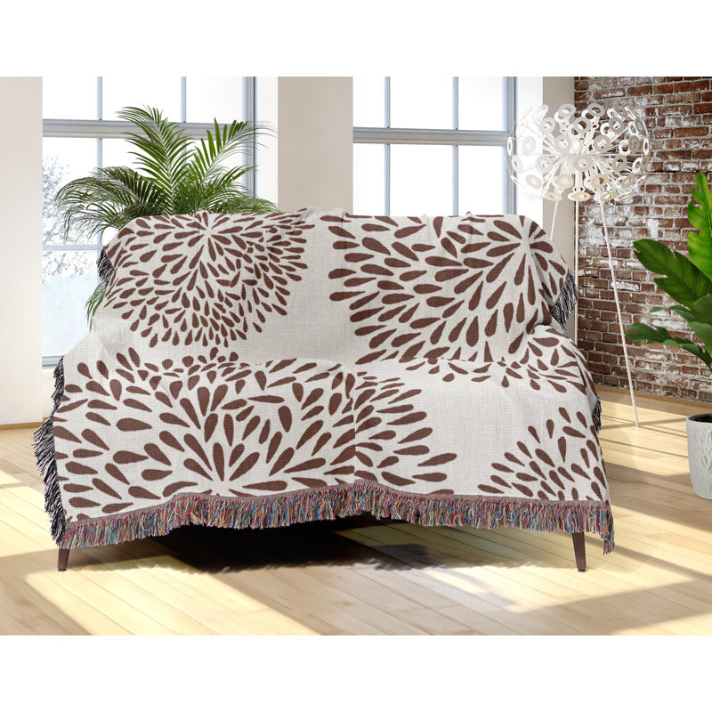 Floral  Cotton Throw Blanket, Rust Brown, 60x80