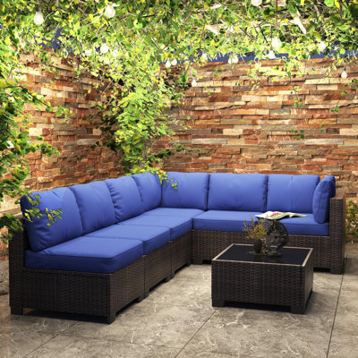6-Piece Outdoor Patio Furniture Set with Glass Top Coffee Table, Rattan Sectional Sofa and Chairs, All-Weather for Garden, Pool, Porch